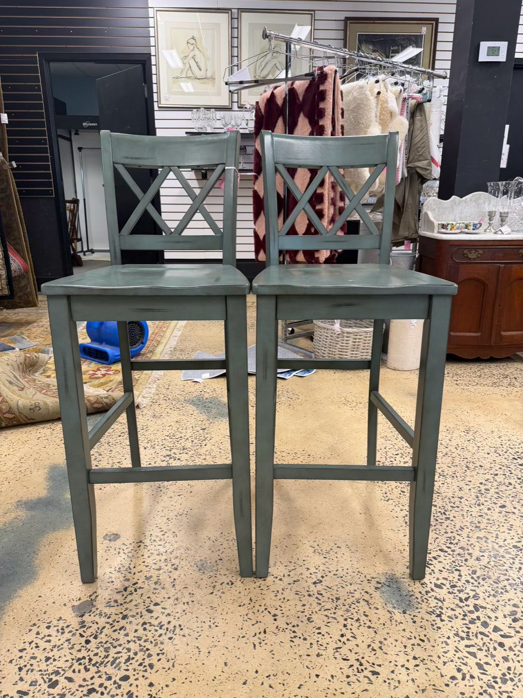 Aqua Wood Pair Of Bar Stools