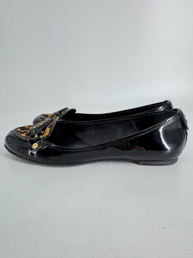 TORY BURCH Size 8 Black Leather Leopard Print Animal Hair Flats