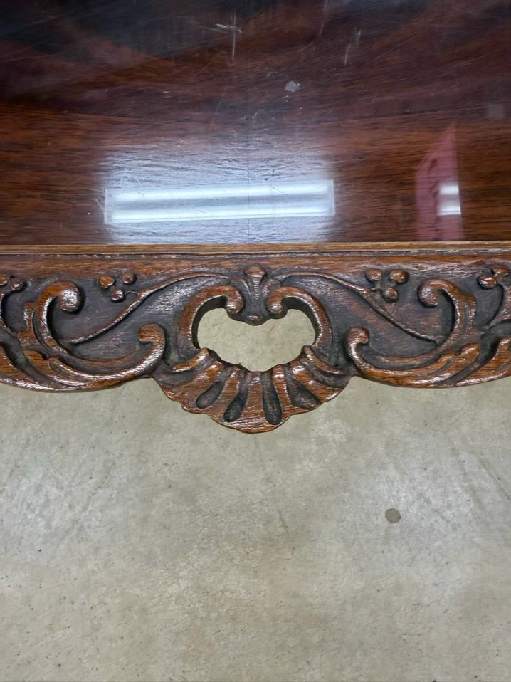 ANTIQUE Queen Ann Wood Carved Coffee Table w/ Removable Glass Serving Tray