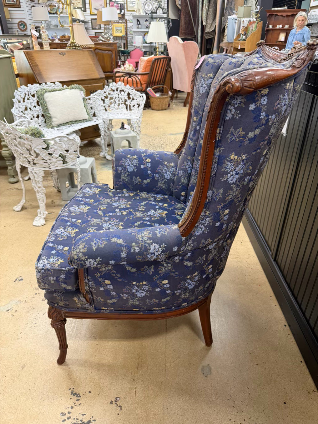 HOLLYWOOD REGENCY Blue, Yellow & Pink Carved Barrel Back Chair