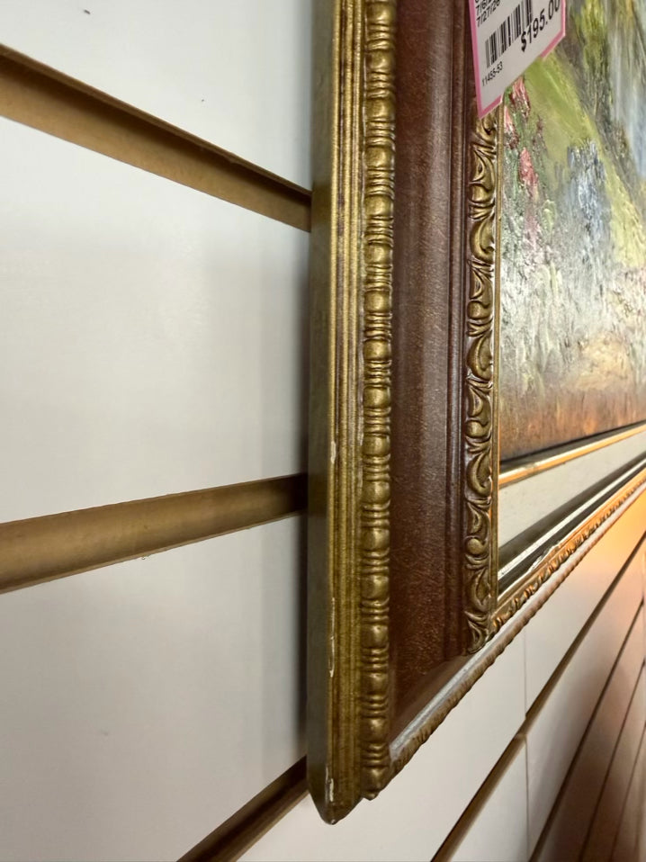 SIGNED Homes By The Lake Painting In Bronze Tone Frame