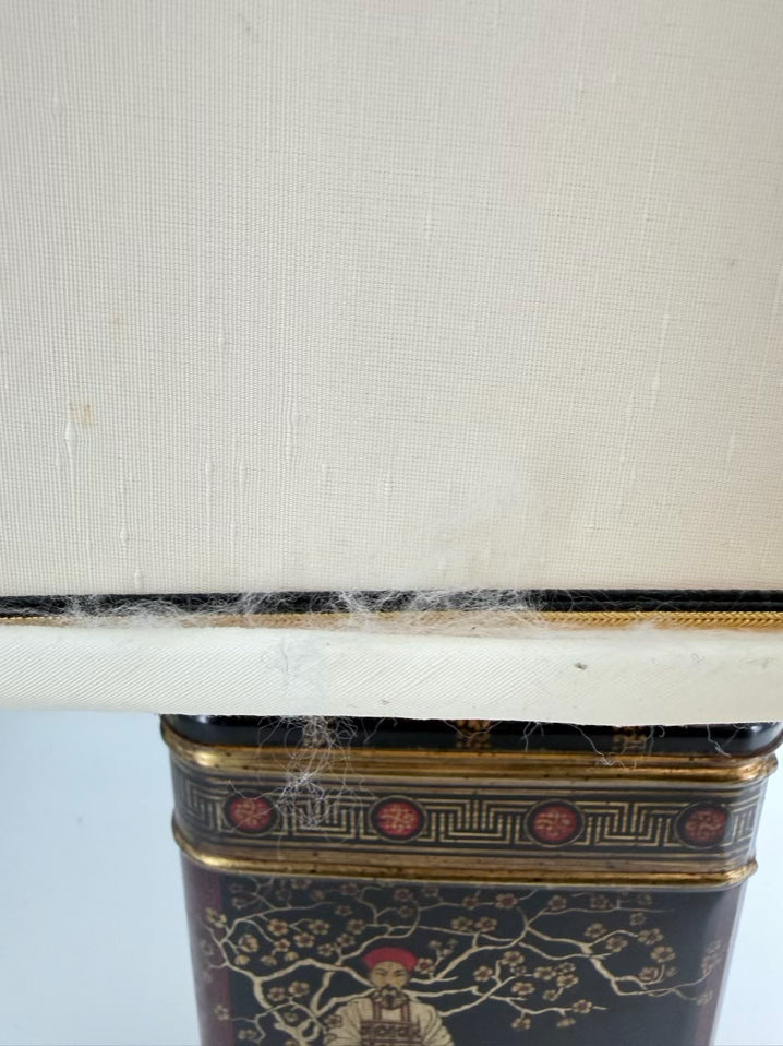 Black, Red & Gold Tin Oriental Pair of Tea Caddy Lamps w/  Square White Shades