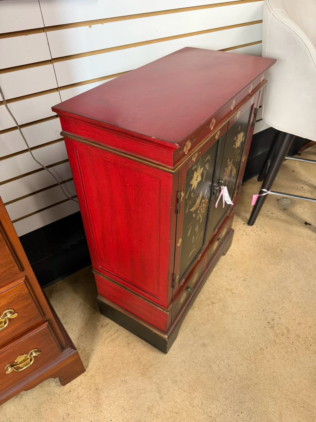 Black & Red Asian Inspired Painted Cabinet w/ 2 Drawers