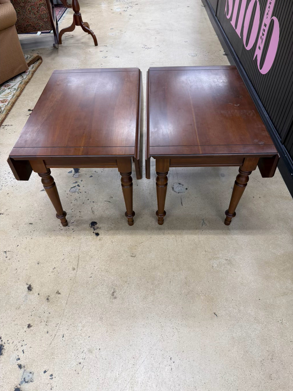 TELL CITY Drop Leaf Dark Brown Wood Pair Of End Tables