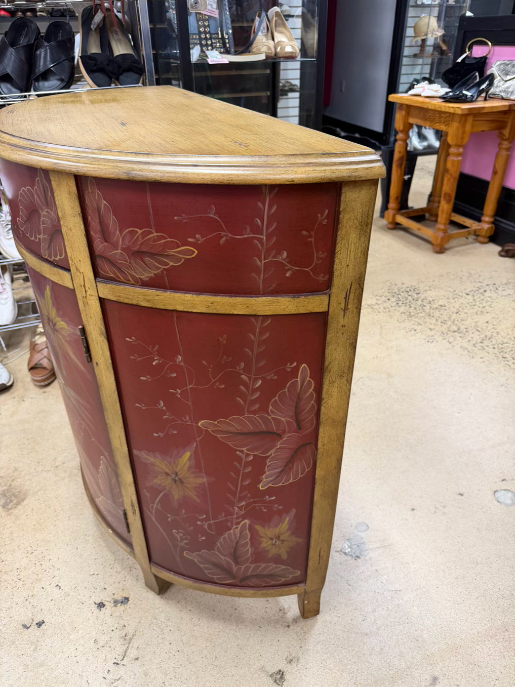 Red & Gold Demilune Birds Cabinet w/ Drawer