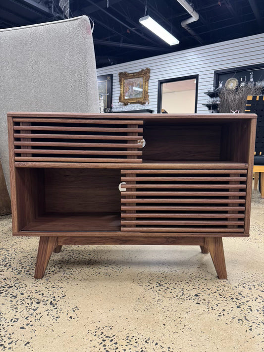 Wood Credenza w/ Slat-Look Sliding Doors