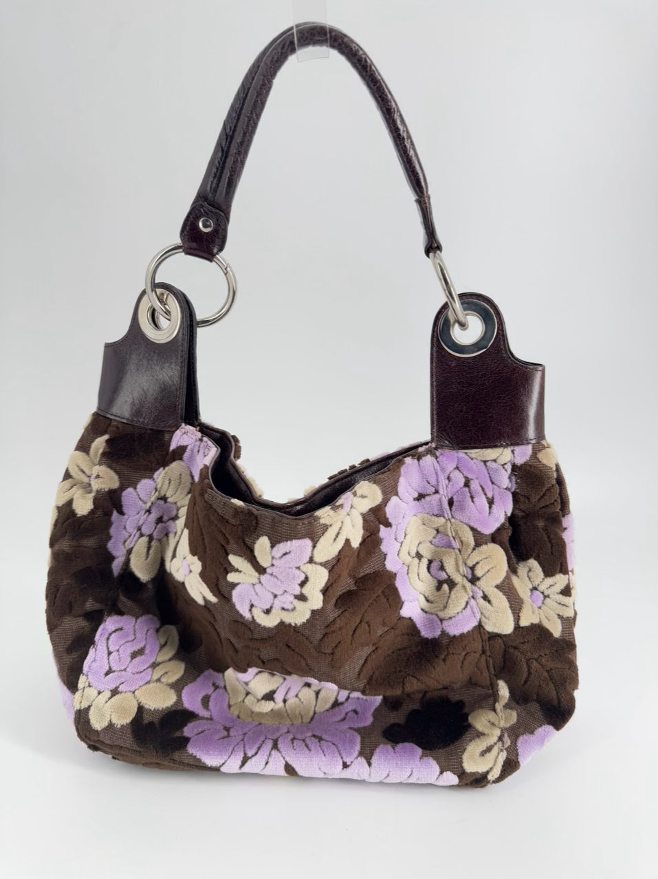 GLENDA GIES Purple & Brown Floral Velvet & Leather Purse
