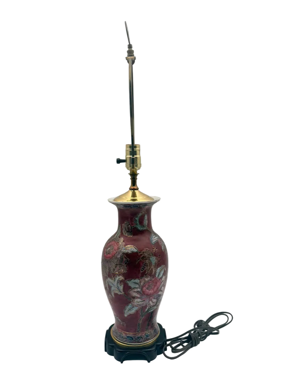 Burgundy & Blue Porcelain Jar Asian Inspired Lamp On Brown Wooden Base