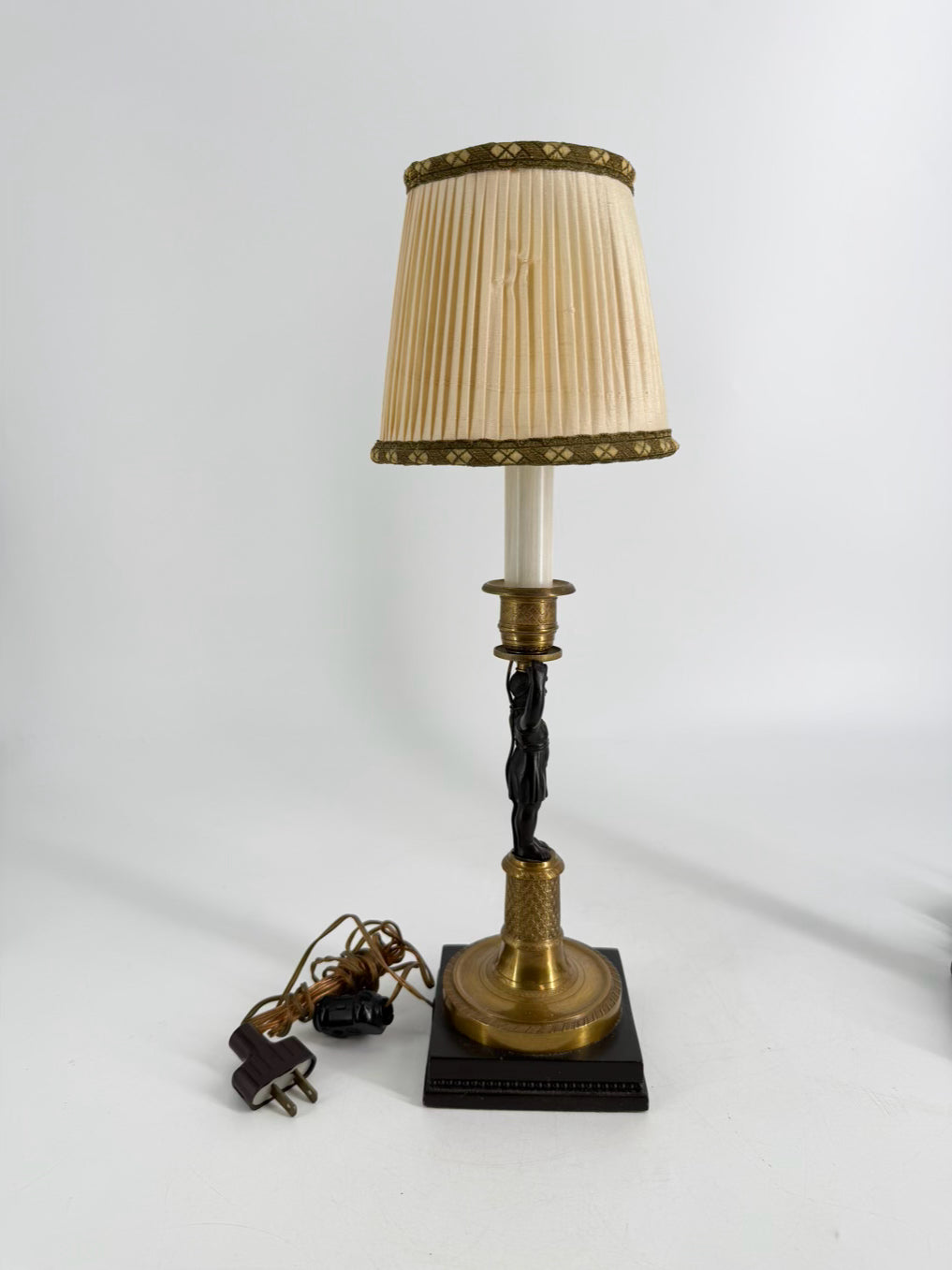 Brass & Bronze Candlestick Classical Rival Figural Pair of Lamps w/ Shades