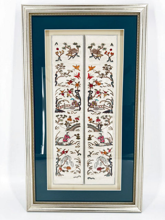 Cream Needlework Embroidered Silk Panels in Brushed Silver Shadow Box Frame