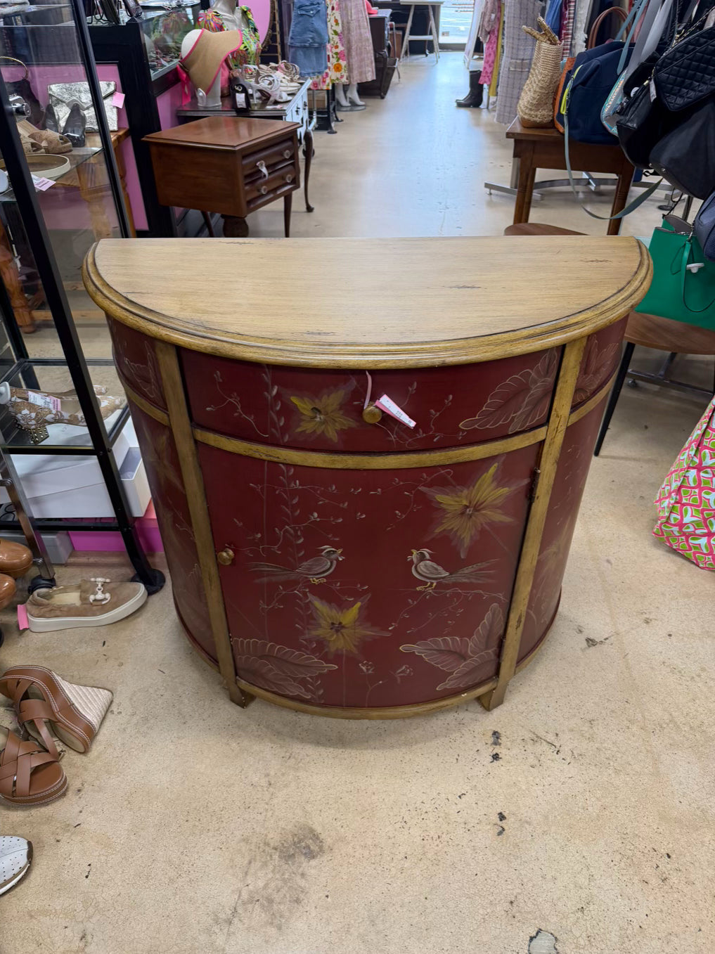 Red & Gold Demilune Birds Cabinet w/ Drawer