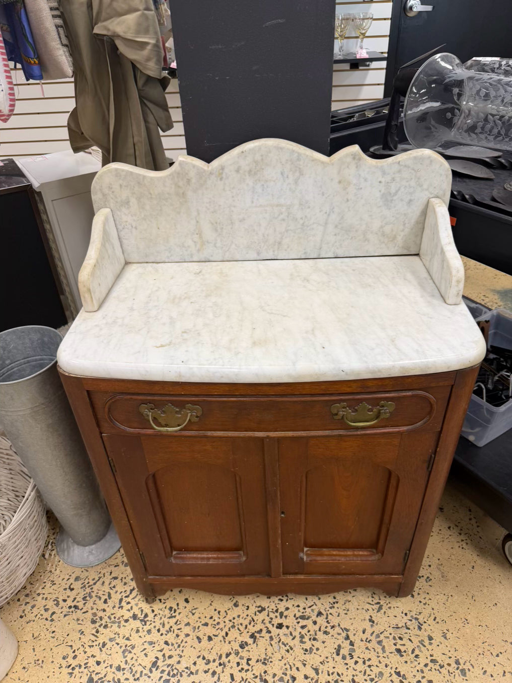 ANTIQUE Dark Brown Wood Wash Stand w/ Marble Top