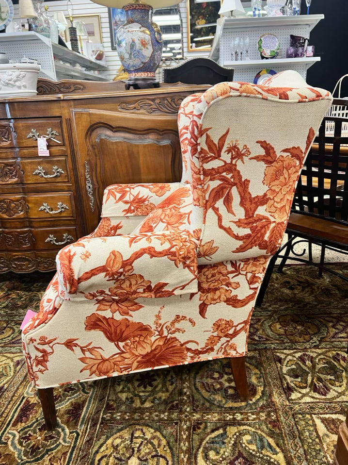 VINTAGE  Rust & Cream Floral Wingback Chair w/ 2 Pillows