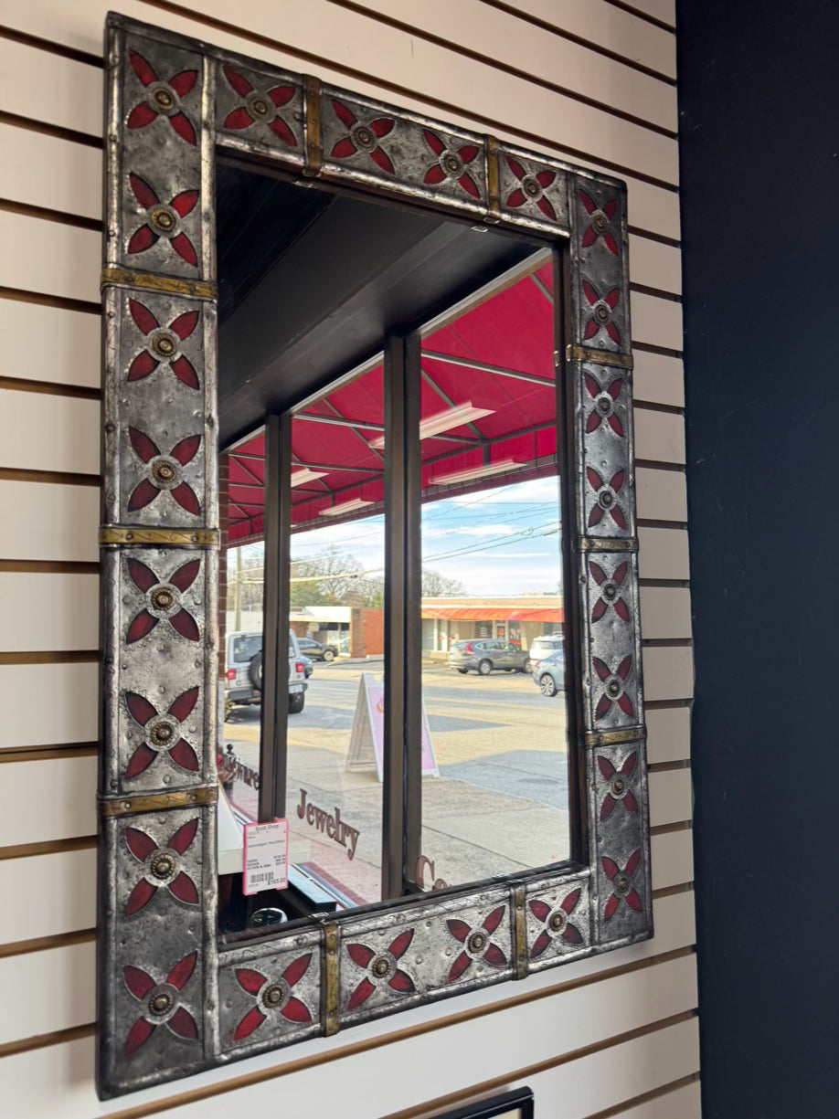 Silver, Red & Gold Wood & Metal Mirror