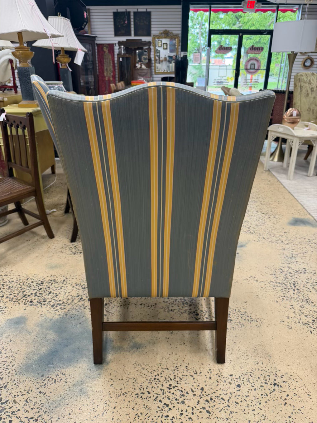 KINDEL MARTHA WASHINGTON Wood Chair w/ Blue & Yellow Stripe Fabric