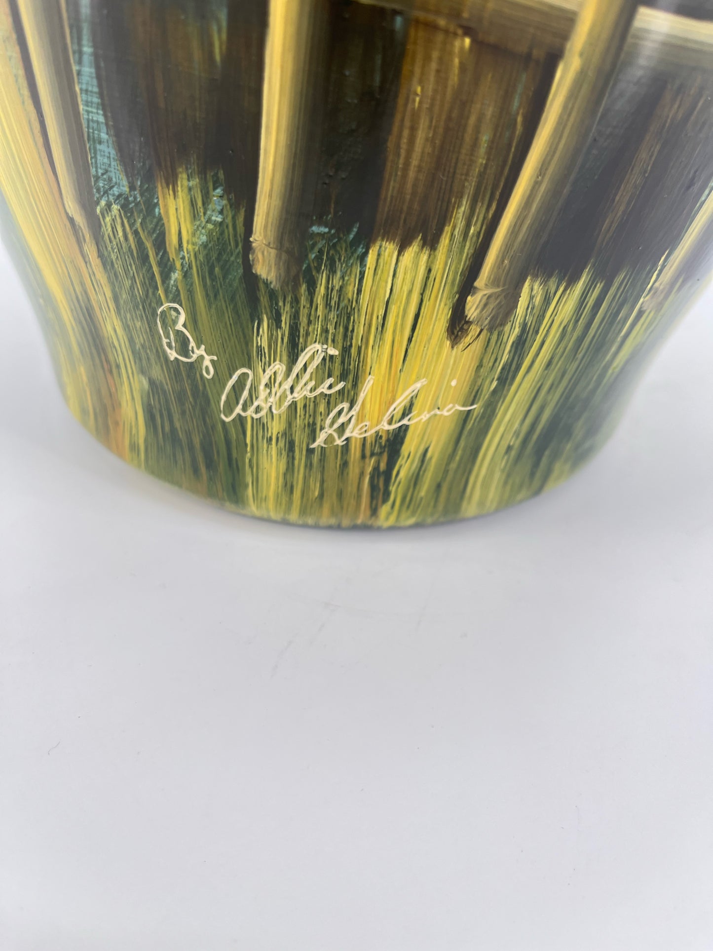 ABBY GELINA Green & Yellow Painted Boat Scene Vase