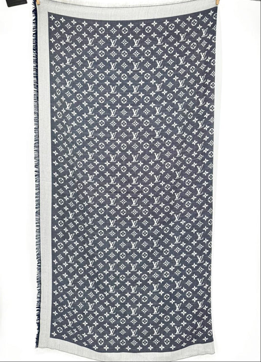 LOUIS VUITTON Blue & Gray Logo Silk & Wool Blend Scarf