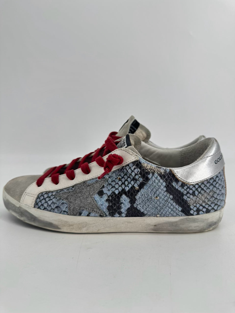 GOLDEN GOOSE Size 38 Blue, Gray & Red Leather Animal Print Sneakers