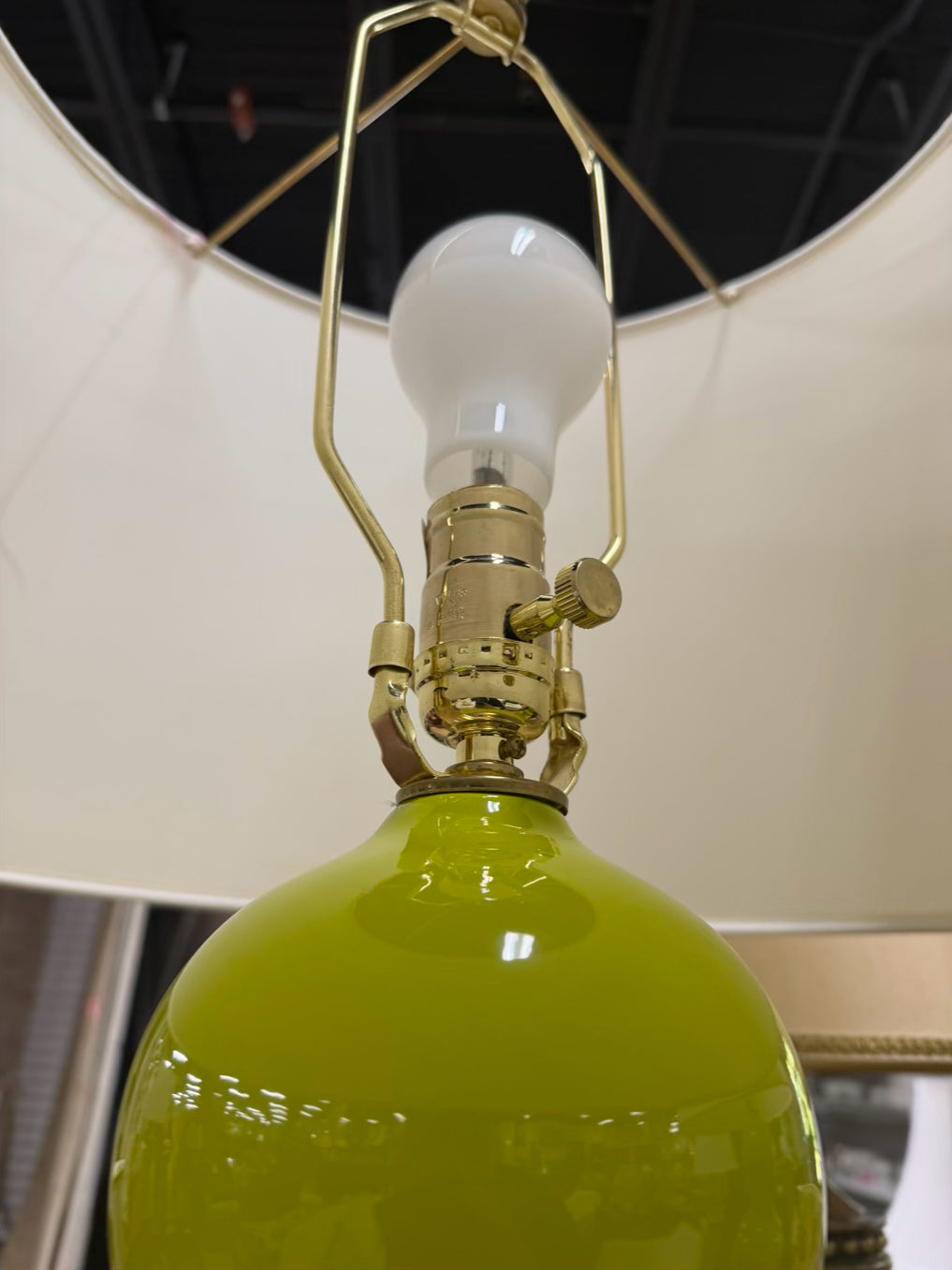 Chartreuse Triple Gourd Pair Of Ceramic Lamps w/ Shades