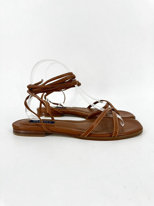 MARGAUX Size 38.5 Camel Leather Lace-Up Sandals