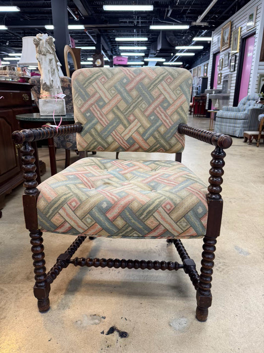 VINTAGE Bobbin Wood Upholstered Chair