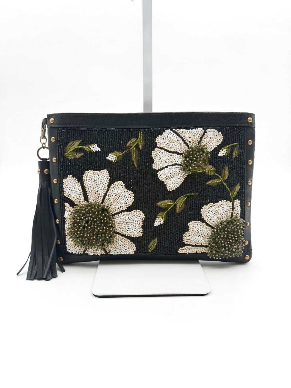 MARY FRANCES Sunshine & Daisies Black, White & Green Leather Beaded Floral Crossbody Bag
