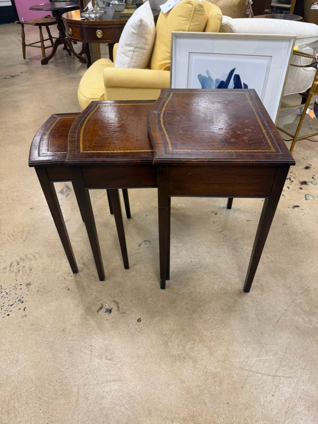 Dark Wood & Leather Nesting Tables Set of 3