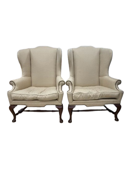 VINTAGE Queen Ann Ivory Pair Of Wingback Chairs w/ Nail Head Detail