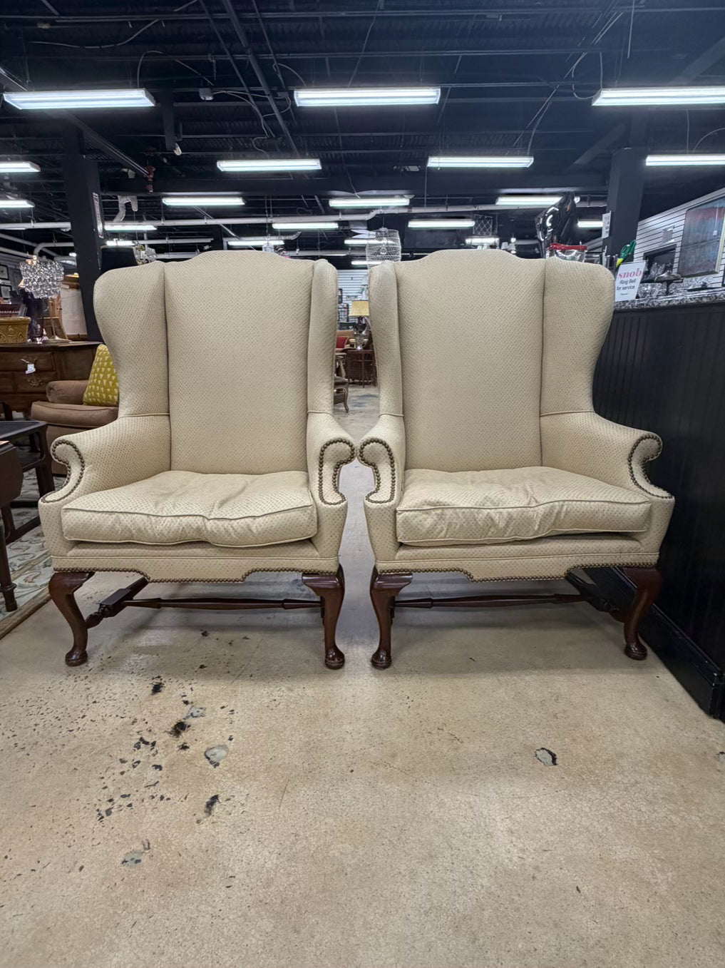 VINTAGE Queen Ann Ivory Pair Of Wingback Chairs w/ Nail Head Detail