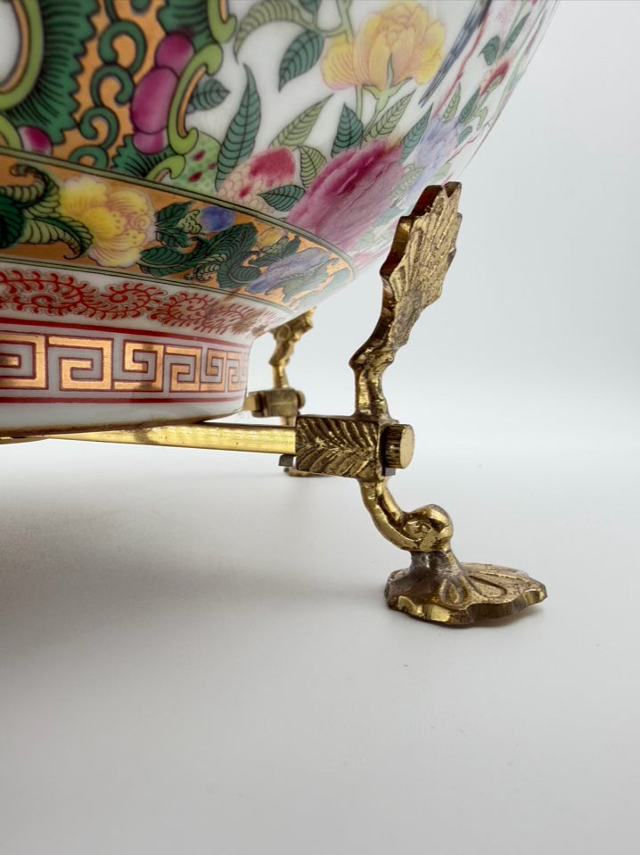 Rose Medallion Porcelain Large Bowl w/ Brass Bowl Holder