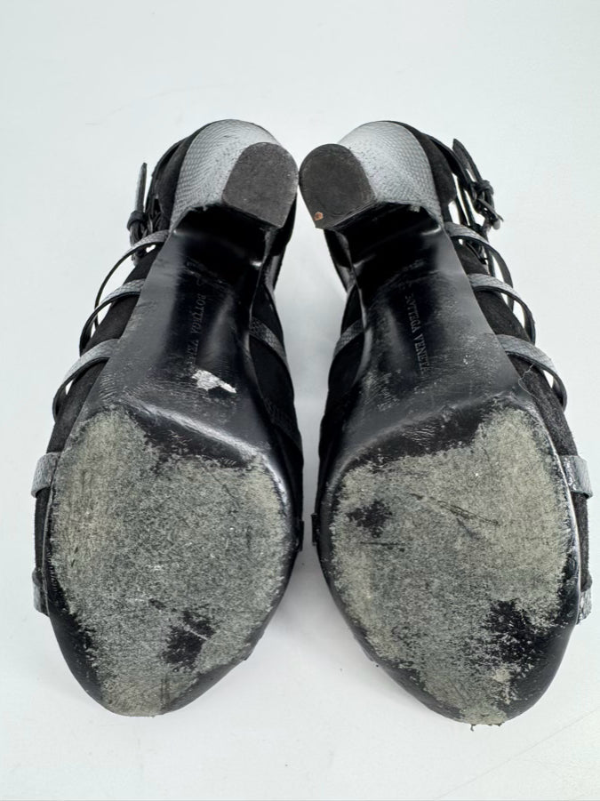 BOTTEGA VENETA Size 40 Black Suede & Embossed Leather Strappy Peep Toe Heels
