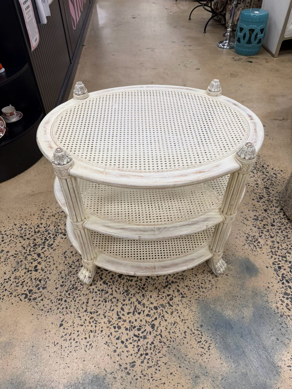 White Wood Occasional 3 Tier Table w/ Cane Shelves