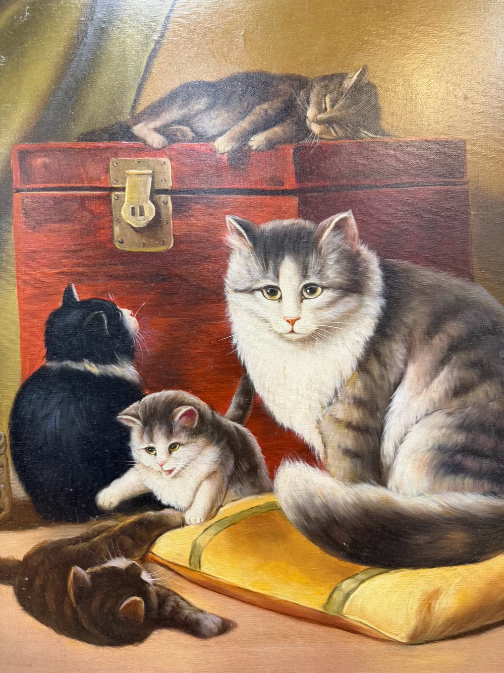 SIGNED R. MONTES Cats Painting In Bronze & Gold Frame