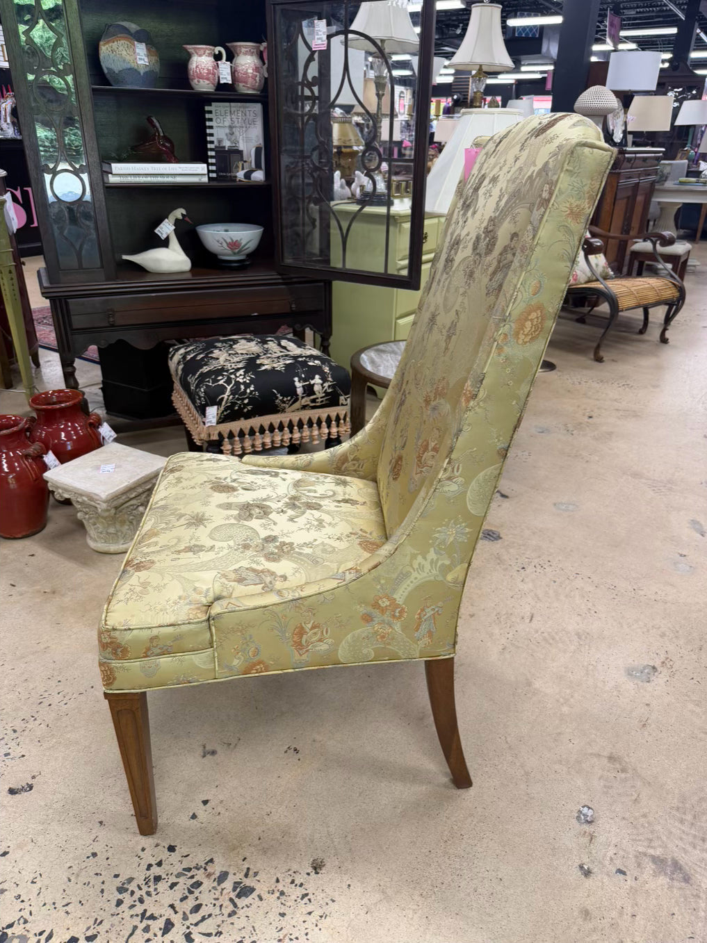 High back Armless Pair Of Chairs w/ Asian Jacquard Fabric