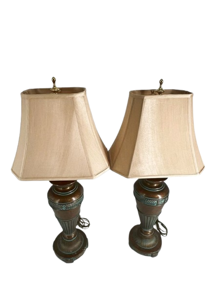 Gold & Aqua Metal Pair of Lamps w/ Shades