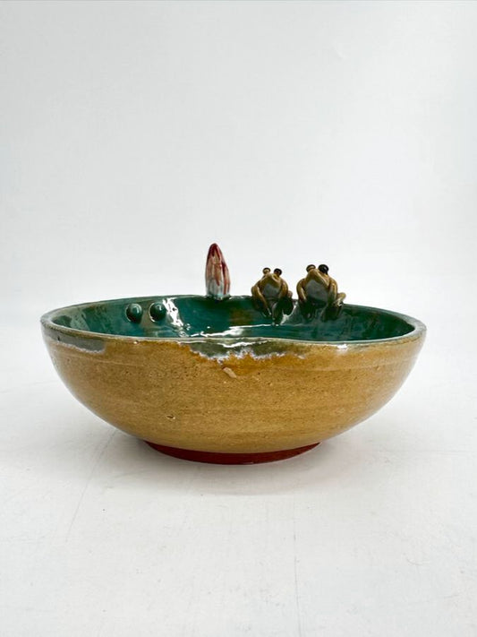 Green & Tan Pottery Frogs Small Bowl