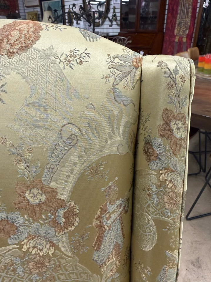 High back Armless Pair Of Chairs w/ Asian Jacquard Fabric