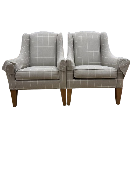 ETHAN ALLEN Tan Check Pair Of Wingback Chairs