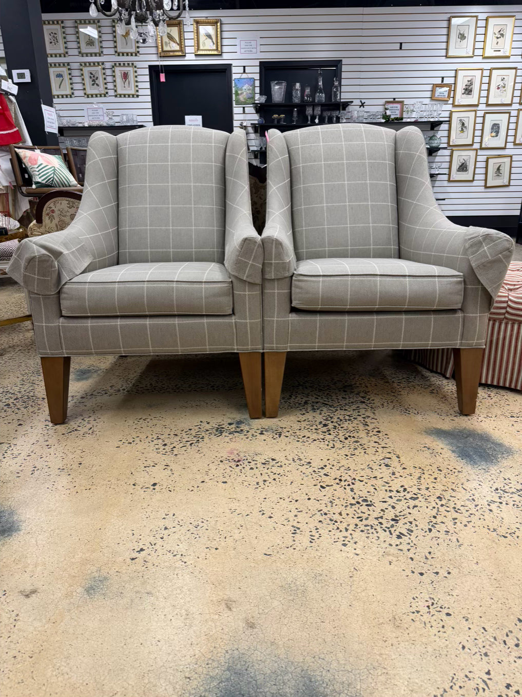 ETHAN ALLEN Tan Check Pair Of Wingback Chairs