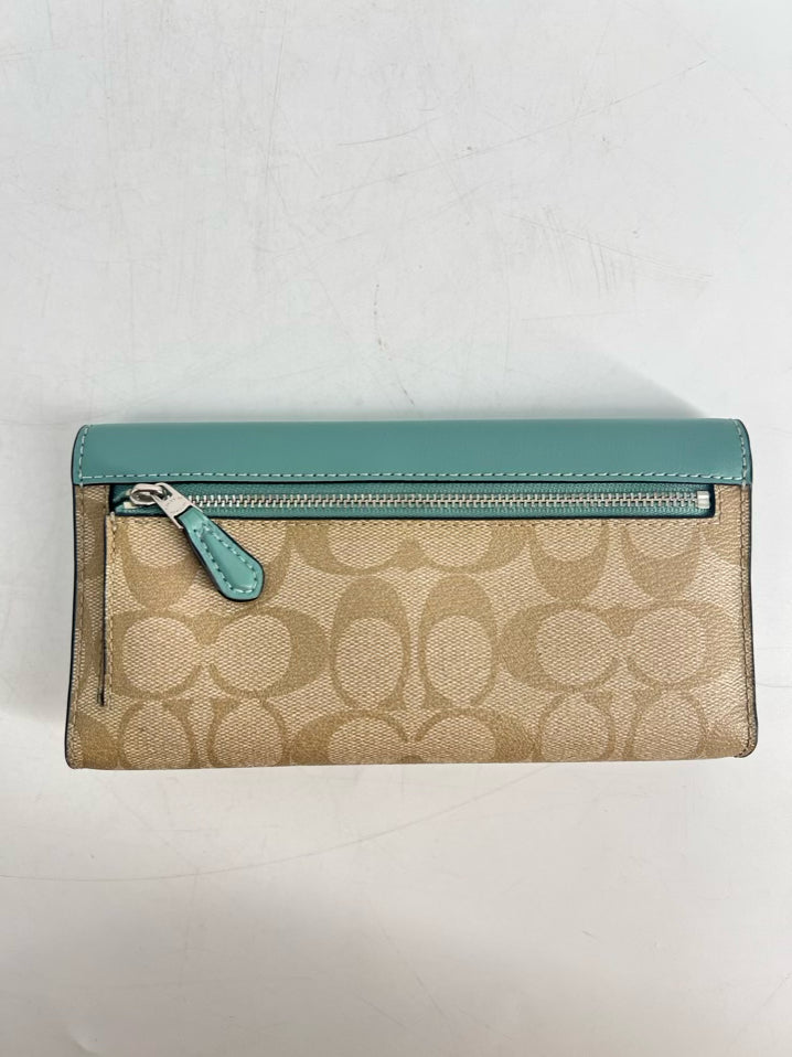 COACH Blue & Taupe Monogram Leather Wallet 2 Piece