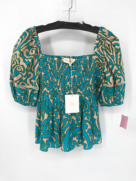 ANNA CATE Size M Turquoise Print Rouching Violet Blouse NWT