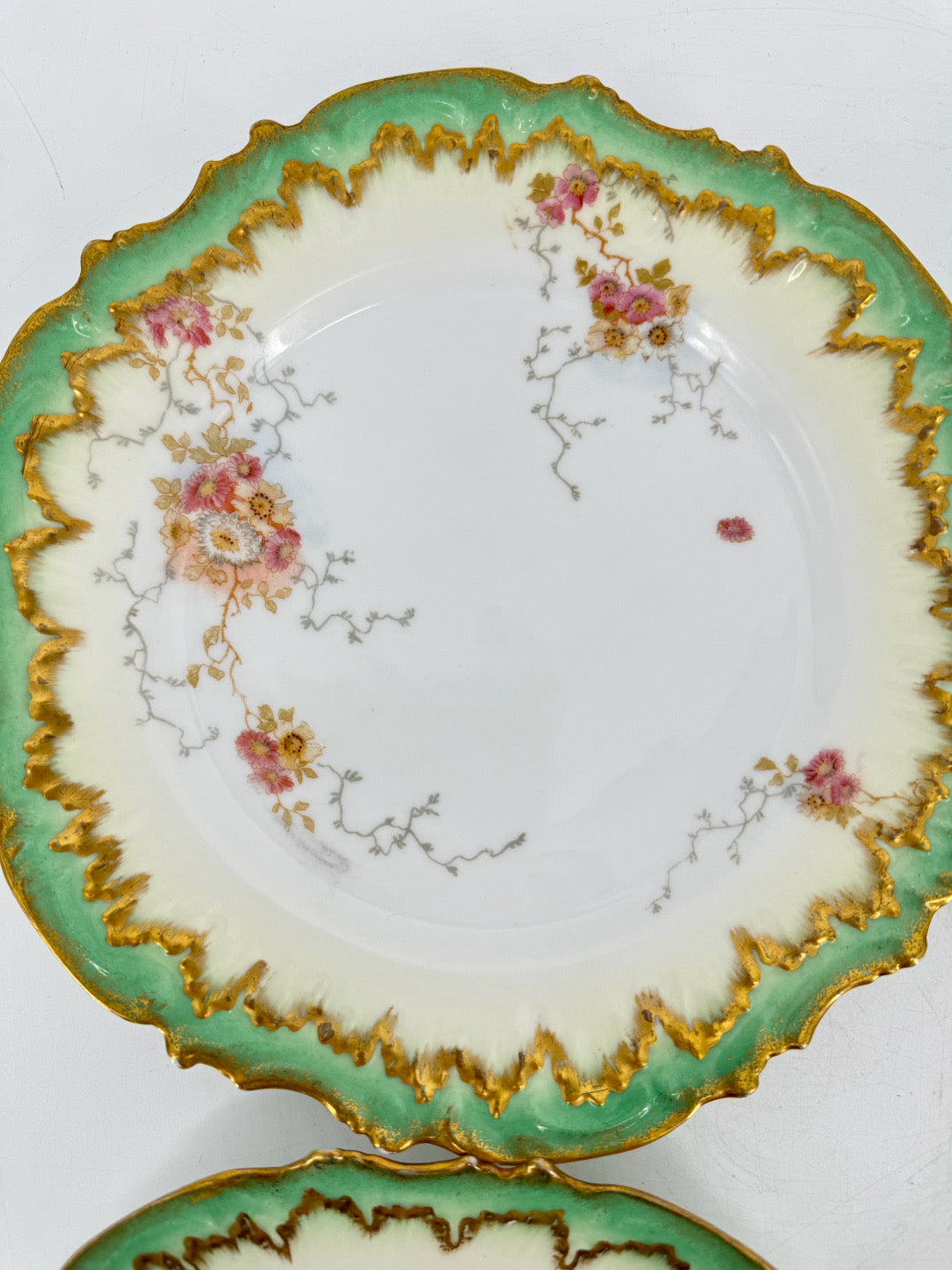 LIMOGES Green & Pink Porcelain Set of 4 Plates