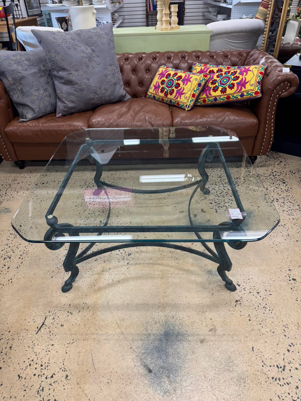 Glass & Green Metal Square Coffee Table