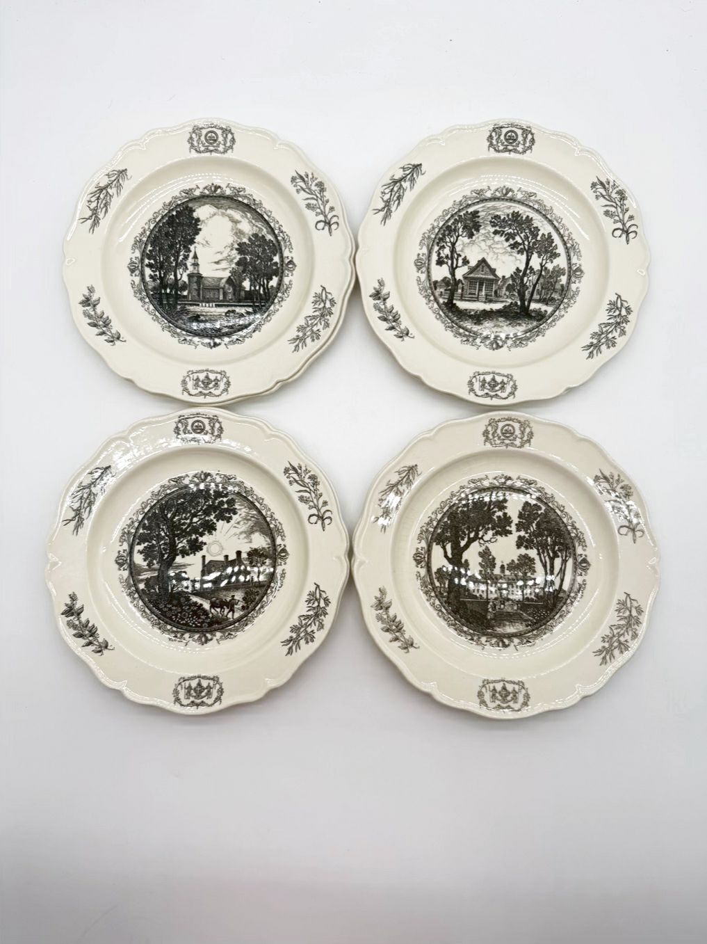 WILLIAMSBURG White & Black Transferware Set Of 8 Dinnerware Plates