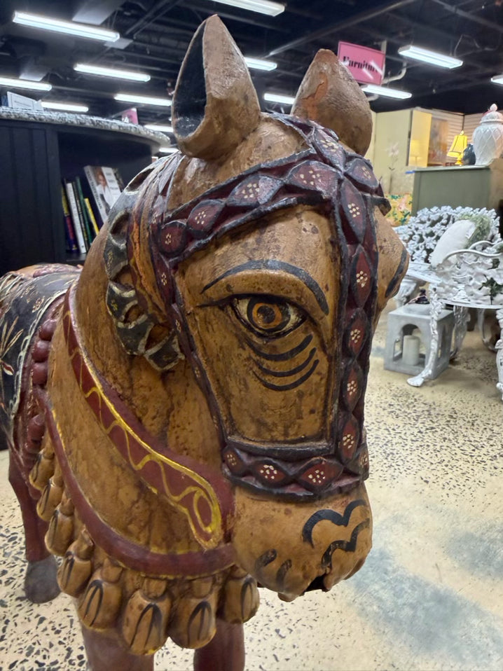 Gold, Red & Black Painted Wood Carved  Horse Figure