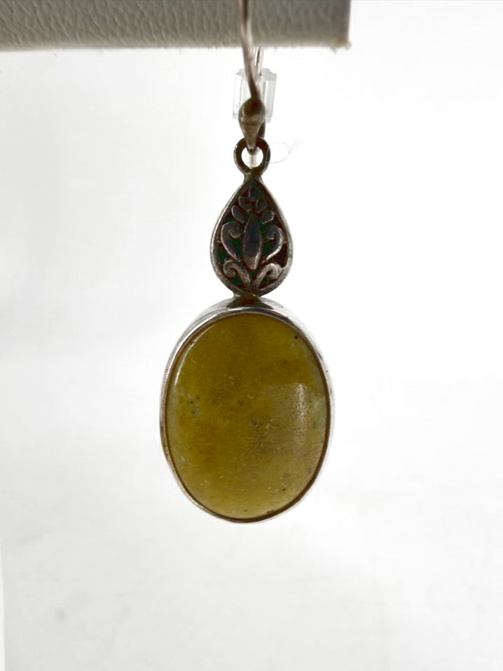 STERLING SILVER Green Apple Turquoise Oval Dangle Earrings