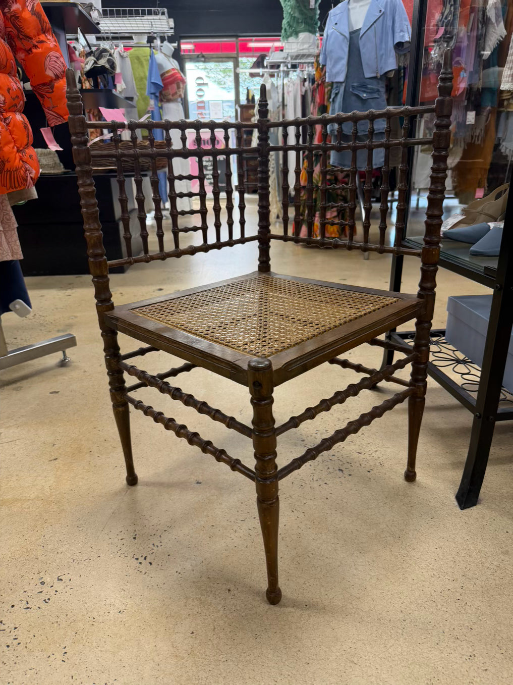 ANTIQUE  Wood Corner Spindle Chair w/ Cane Bottom