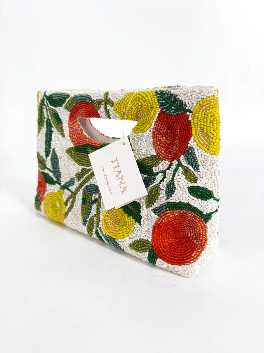 TIANA Citrus Beaded Green, White & Orange Fruit Clutch Bag NWT