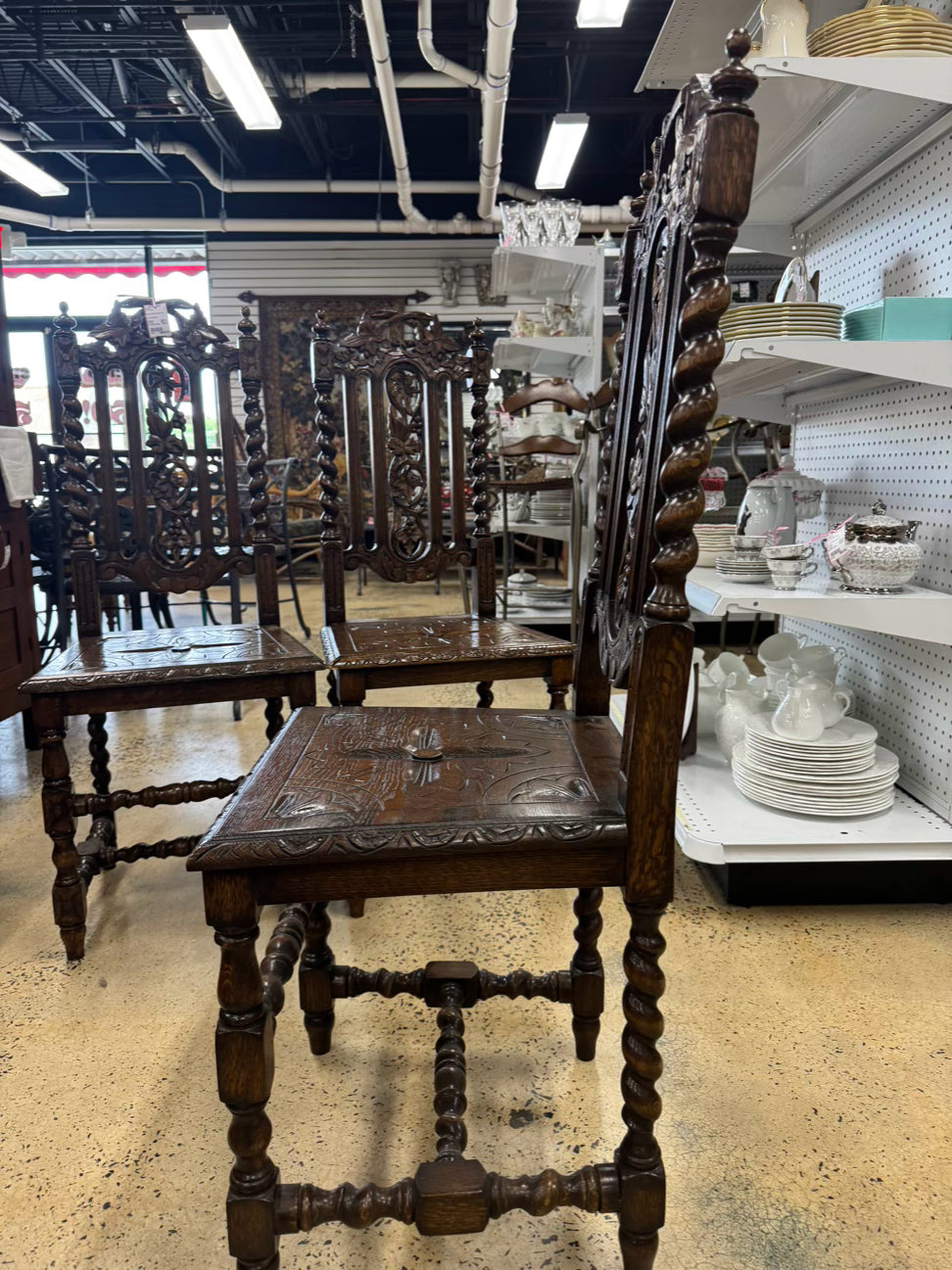 Carved Oak English Set of 3 Chairs