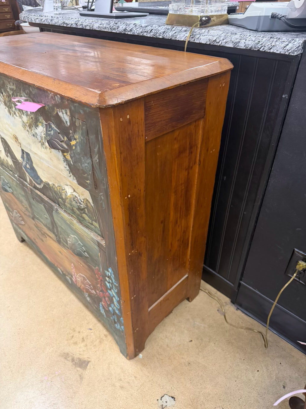 VINTAGE Painted Wood Girl On Horse 3 Drawer Chest